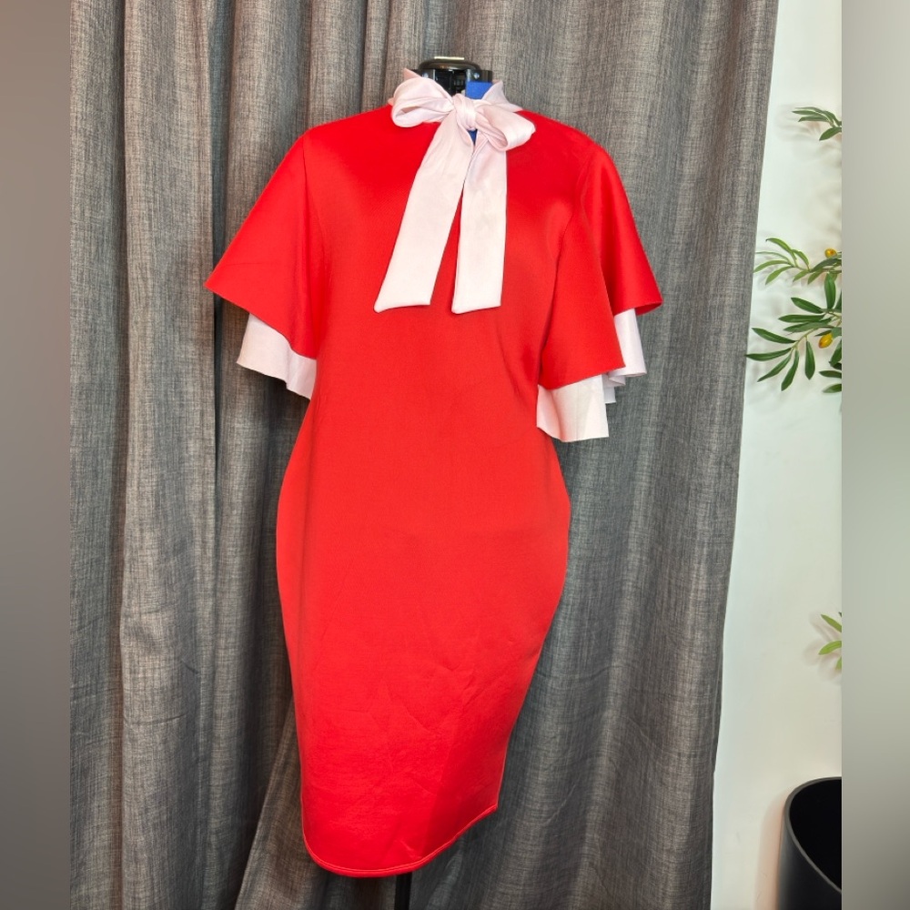 Red Taffeta Midi Dress with Ruffle Sleeve & Bow Details - Size 2X
